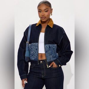 Dark Indigo Denim Zip Jacket with Floral Patch Pockets